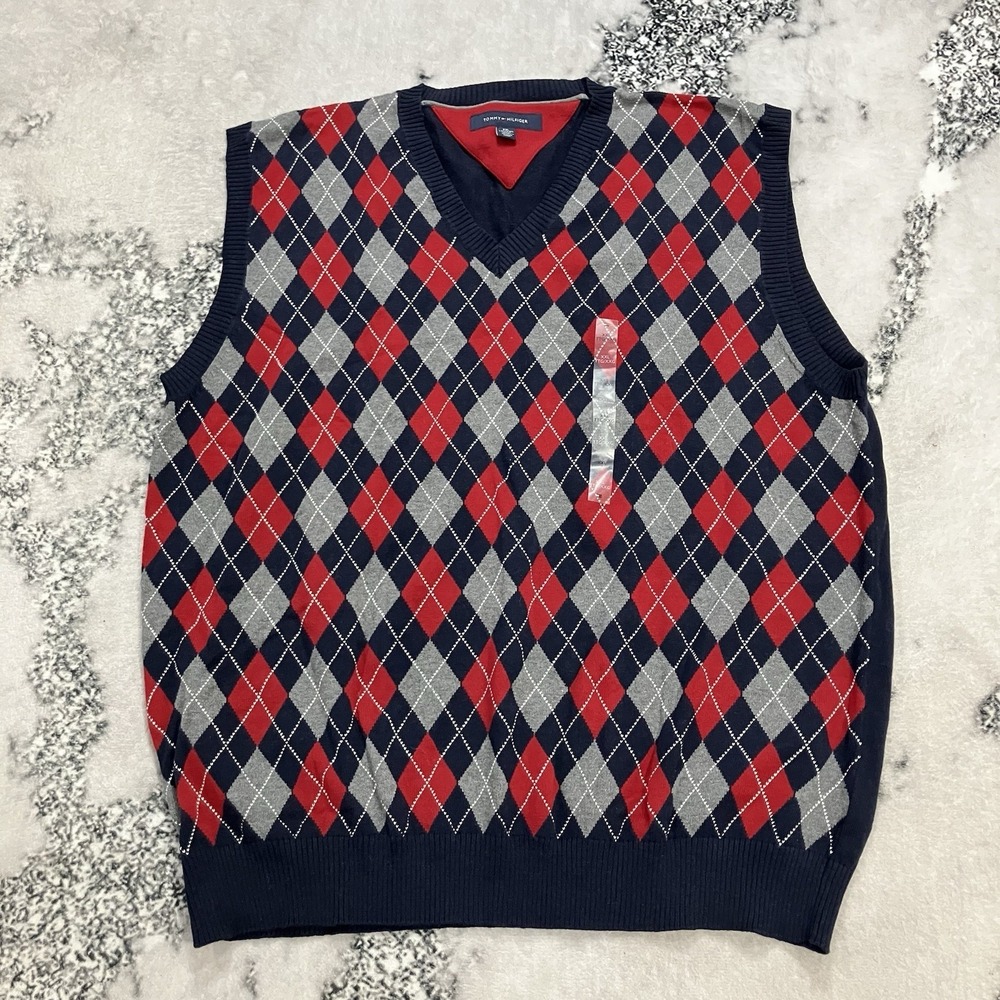 Tommy Hilfiger Argyle Sweater Vest XXL NWT Red Blue Gray V Neck‎ Cotton